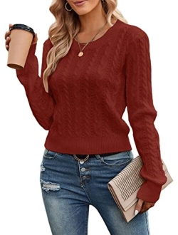 Women's Cable Cropped Sweater Long Sleeve Crewneck Pullover Knit Jumper Top