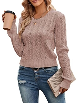 Women's Cable Cropped Sweater Long Sleeve Crewneck Pullover Knit Jumper Top