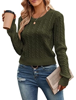 Women's Cable Cropped Sweater Long Sleeve Crewneck Pullover Knit Jumper Top