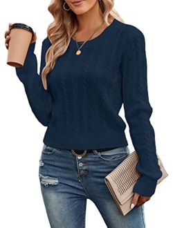 Women's Cable Cropped Sweater Long Sleeve Crewneck Pullover Knit Jumper Top