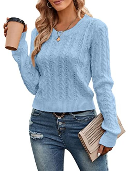 ZAFUL Women's Cable Cropped Sweater Long Sleeve Crewneck Pullover Knit Jumper Top