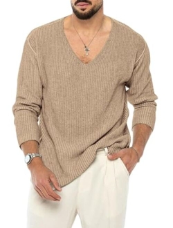 PASLTER Mens V Neck Sweater Slim Fit Lightweight Knitted Pullover Stylish Sweater