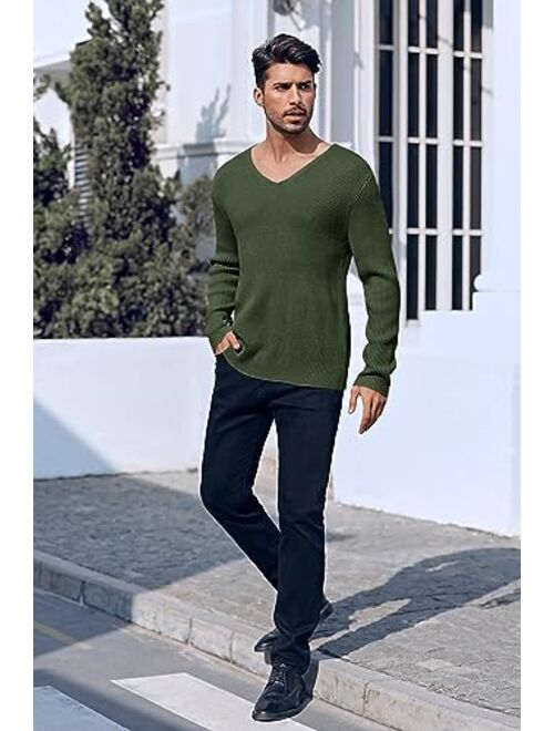 PASLTER Mens V Neck Sweater Slim Fit Lightweight Knitted Pullover Stylish Sweater