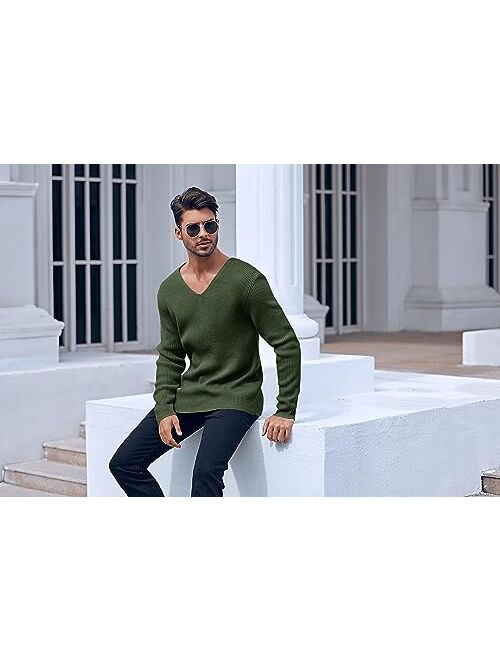 PASLTER Mens V Neck Sweater Slim Fit Lightweight Knitted Pullover Stylish Sweater