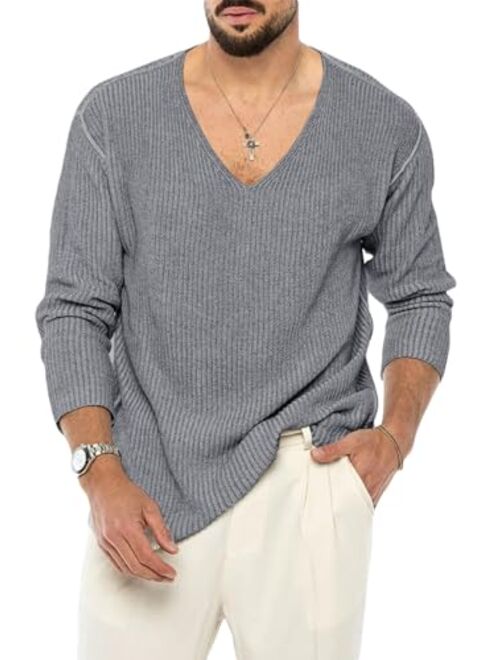 PASLTER Mens V Neck Sweater Slim Fit Lightweight Knitted Pullover Stylish Sweater