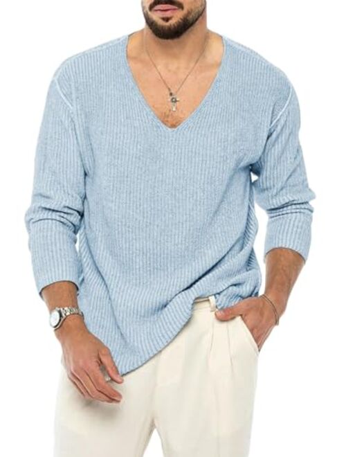 PASLTER Mens V Neck Sweater Slim Fit Lightweight Knitted Pullover Stylish Sweater