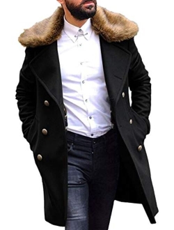 PASLTER Men's Winter Trench Overcoat Removable Faux Fur Collar Top Coat Double Breasted Business Long Pea Coat