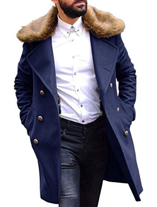 PASLTER Men's Winter Trench Overcoat Removable Faux Fur Collar Top Coat Double Breasted Business Long Pea Coat