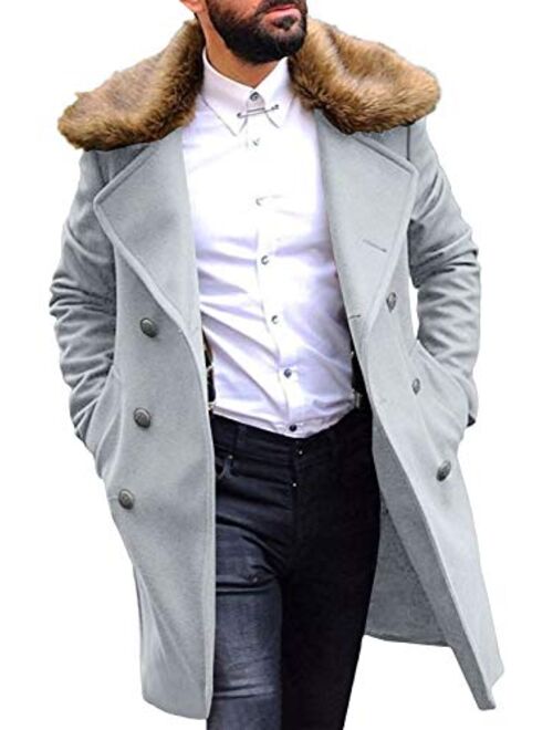 PASLTER Men's Winter Trench Overcoat Removable Faux Fur Collar Top Coat Double Breasted Business Long Pea Coat