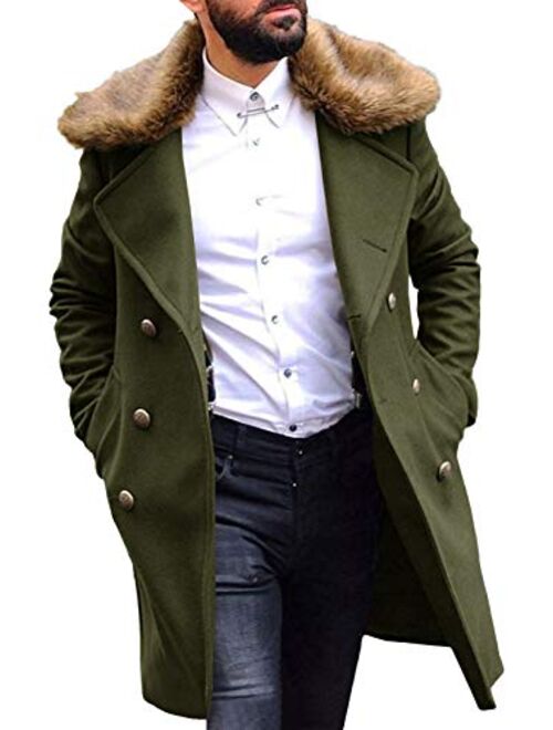 PASLTER Men's Winter Trench Overcoat Removable Faux Fur Collar Top Coat Double Breasted Business Long Pea Coat