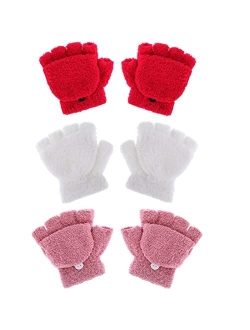 Boao 3 Pairs Kids Fingerless Gloves Convertible Mittens Flip Top Gloves Toddler Winter Soft Knitted Gloves for Boys and Girls