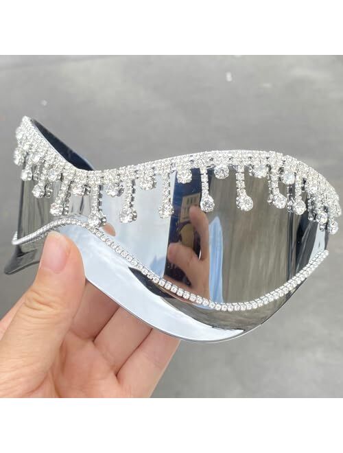 Mincl Oversized One Piece Sunglasses For Women Fashion Tassel Rhinestone Sun Glasses Large Frame Diamond Eyewear Shield Goggles