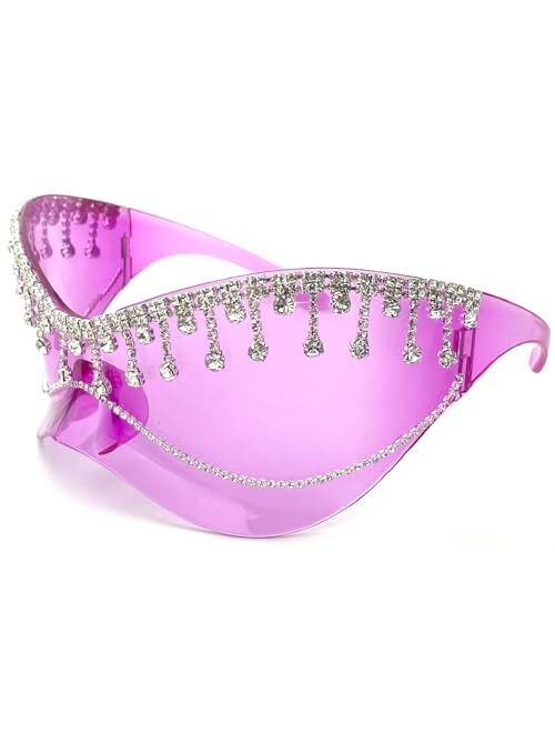 Mincl Oversized One Piece Sunglasses For Women Fashion Tassel Rhinestone Sun Glasses Large Frame Diamond Eyewear Shield Goggles