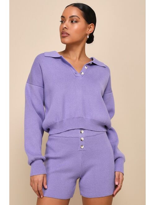 Lulus Relaxed Mindset Lavender Knit Button-Front Sweater Shorts