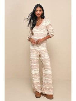 Cabin Cozy Beige Print High-Rise Wide-Leg Sweater Pants