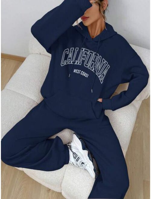 Shein Letter Graphic Drop Shoulder Drawstring Hoodie & Sweatpants