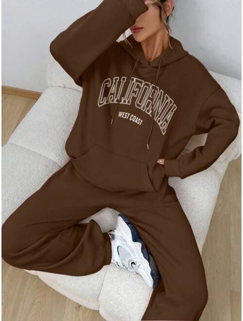 Shein Letter Graphic Drop Shoulder Drawstring Hoodie & Sweatpants