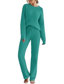 Womens Fuzzy Fleece Long Sleeve 2 Piece Loungewear Outfits Sweater Pants Pajama Sets