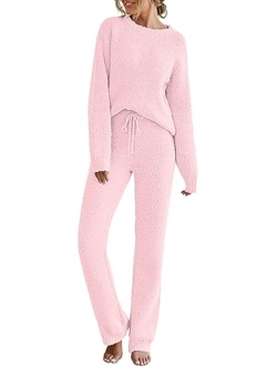 Womens Fuzzy Fleece Long Sleeve 2 Piece Loungewear Outfits Sweater Pants Pajama Sets