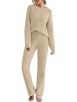 Womens Fuzzy Fleece Long Sleeve 2 Piece Loungewear Outfits Sweater Pants Pajama Sets