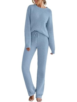 Womens Fuzzy Fleece Long Sleeve 2 Piece Loungewear Outfits Sweater Pants Pajama Sets