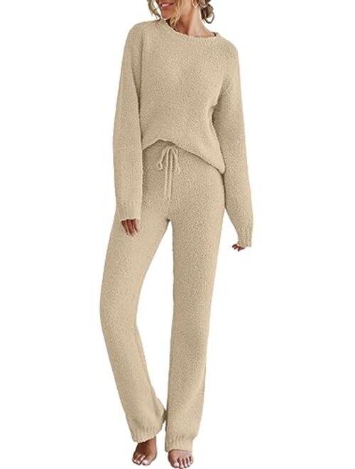 MEROKEETY Womens Fuzzy Fleece Long Sleeve 2 Piece Loungewear Outfits Sweater Pants Pajama Sets