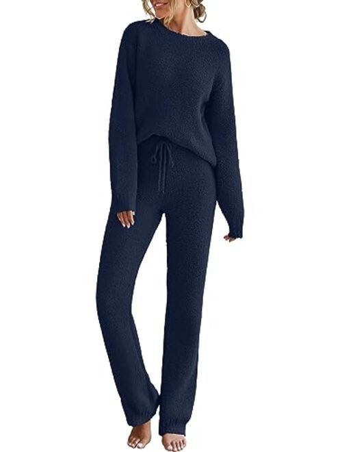 MEROKEETY Womens Fuzzy Fleece Long Sleeve 2 Piece Loungewear Outfits Sweater Pants Pajama Sets