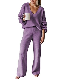 Viottiset Women's 2 Piece Outfits Casual V Neck Knit Wide Leg Sweater Lounge Set Sweatsuit