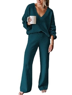 Viottiset Women's 2 Piece Outfits Casual V Neck Knit Wide Leg Sweater Lounge Set Sweatsuit