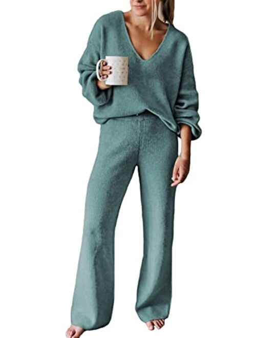 Viottiset Women's 2 Piece Outfits Casual V Neck Knit Wide Leg Sweater Lounge Set Sweatsuit