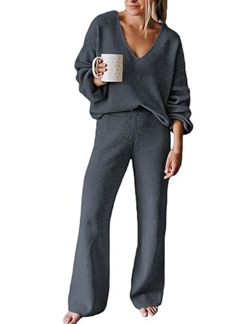 Viottiset Women's 2 Piece Outfits Casual V Neck Knit Wide Leg Sweater Lounge Set Sweatsuit