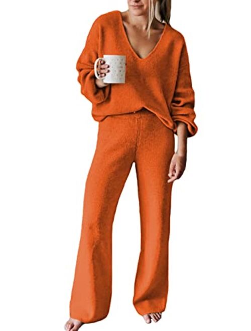 Viottiset Women's 2 Piece Outfits Casual V Neck Knit Wide Leg Sweater Lounge Set Sweatsuit