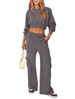 Womens Fall 2 Piece Outfits Sweatsuits Sets Long Sleeve Crop Tops Sweatshirt Wide Leg Cargo Pants with Pockets