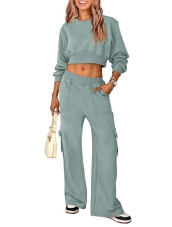 Womens Fall 2 Piece Outfits Sweatsuits Sets Long Sleeve Crop Tops Sweatshirt Wide Leg Cargo Pants with Pockets