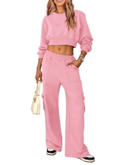 Womens Fall 2 Piece Outfits Sweatsuits Sets Long Sleeve Crop Tops Sweatshirt Wide Leg Cargo Pants with Pockets