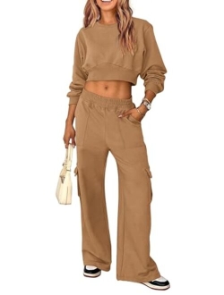 Womens Fall 2 Piece Outfits Sweatsuits Sets Long Sleeve Crop Tops Sweatshirt Wide Leg Cargo Pants with Pockets