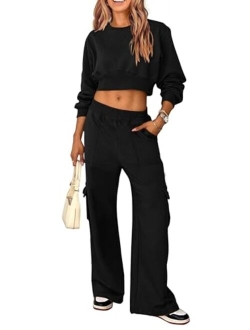 Womens Fall 2 Piece Outfits Sweatsuits Sets Long Sleeve Crop Tops Sweatshirt Wide Leg Cargo Pants with Pockets