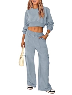 Womens Fall 2 Piece Outfits Sweatsuits Sets Long Sleeve Crop Tops Sweatshirt Wide Leg Cargo Pants with Pockets