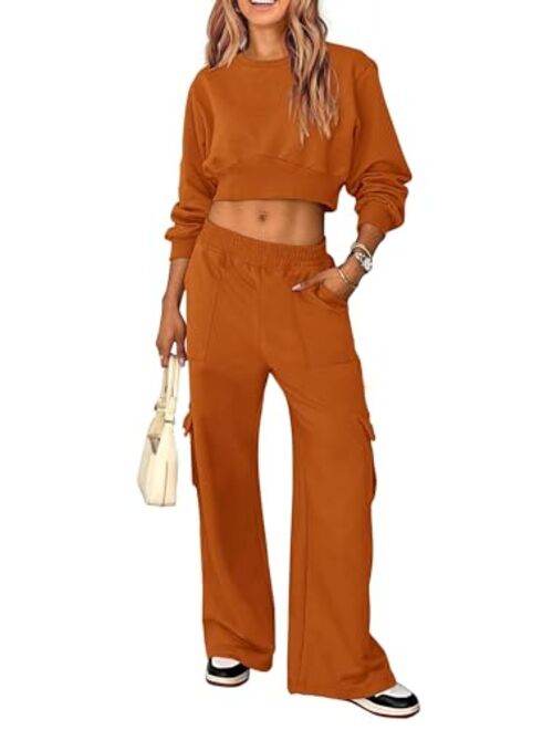 PRETTYGARDEN Womens Fall 2 Piece Outfits Sweatsuits Sets Long Sleeve Crop Tops Sweatshirt Wide Leg Cargo Pants with Pockets