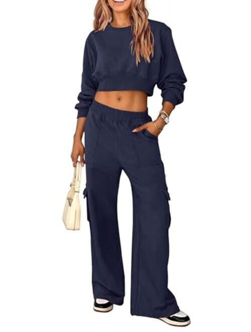 PRETTYGARDEN Womens Fall 2 Piece Outfits Sweatsuits Sets Long Sleeve Crop Tops Sweatshirt Wide Leg Cargo Pants with Pockets