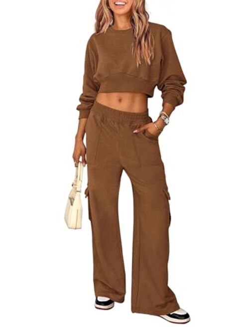 PRETTYGARDEN Womens Fall 2 Piece Outfits Sweatsuits Sets Long Sleeve Crop Tops Sweatshirt Wide Leg Cargo Pants with Pockets