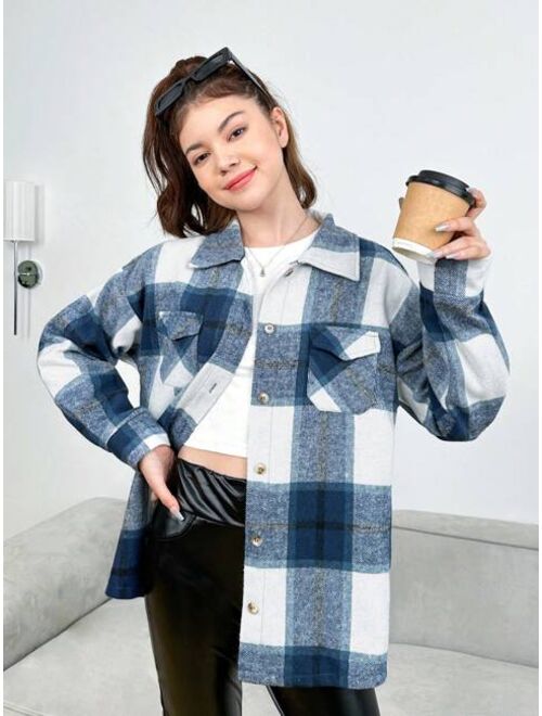 Shein Teen Girls' Plaid Flip Pocket Shirt