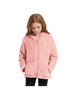 QPANCY Girls Fuzzy Sherpa Coat Full Zip Hoodie Fleece Jacket with Pockets Fall Winter Outwear