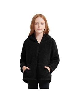 QPANCY Girls Fuzzy Sherpa Coat Full Zip Hoodie Fleece Jacket with Pockets Fall Winter Outwear