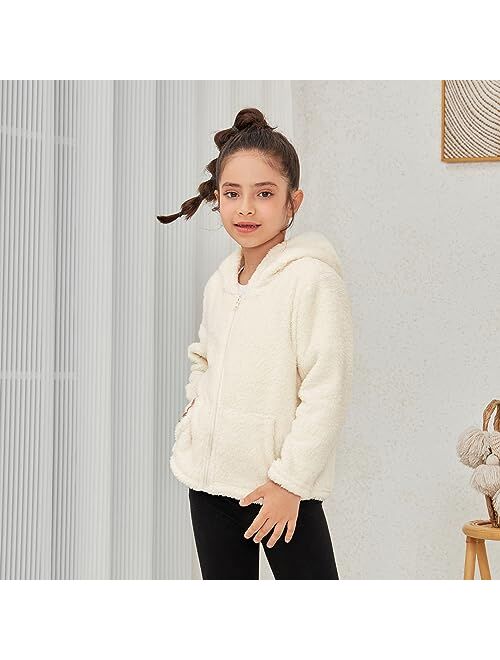 QPANCY Girls Fuzzy Sherpa Coat Full Zip Hoodie Fleece Jacket with Pockets Fall Winter Outwear