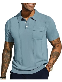 Men's Knit Polo Shirt Short Sleeve Casual Solid Golf Shirts with Pocket