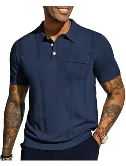 Men's Knit Polo Shirt Short Sleeve Casual Solid Golf Shirts with Pocket