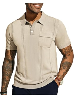 Men's Knit Polo Shirt Short Sleeve Casual Solid Golf Shirts with Pocket
