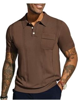 Men's Knit Polo Shirt Short Sleeve Casual Solid Golf Shirts with Pocket