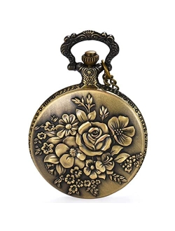 Avaner Antique Bronze Retro Hollow Rose Flowers Openwork Quartz Pocket Watch for Women Girls